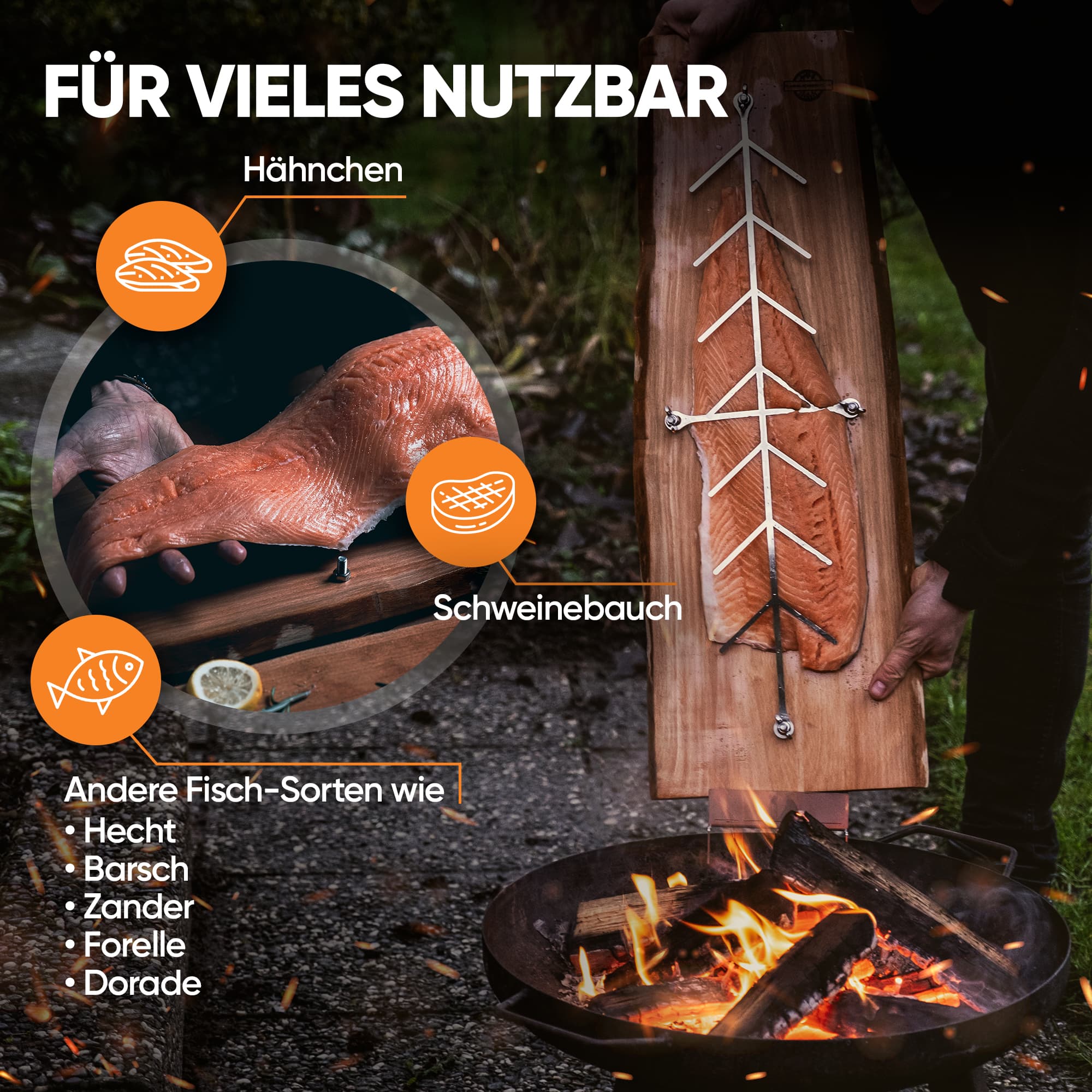 Flammlachsbrett mit 5 Winkelpositionen anwenden