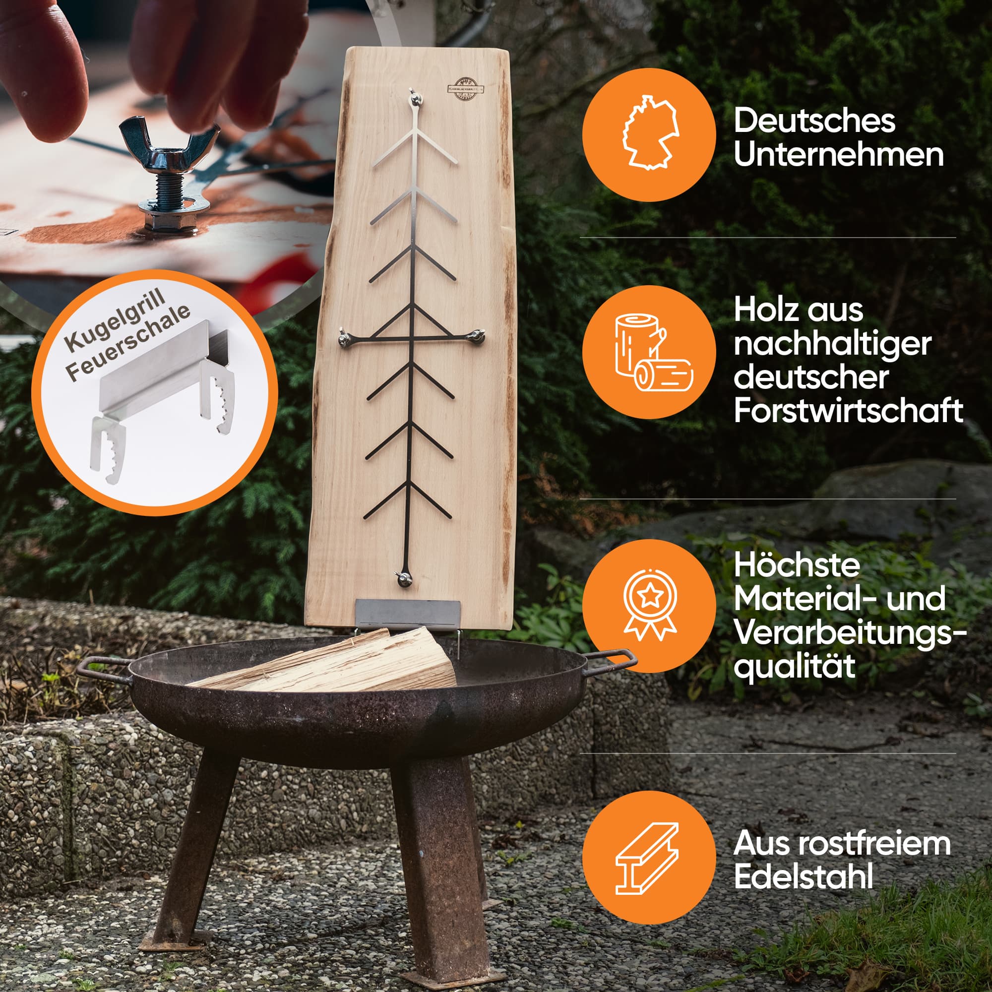 Flammlachsbrett mit 5 Winkelpositionen anwenden